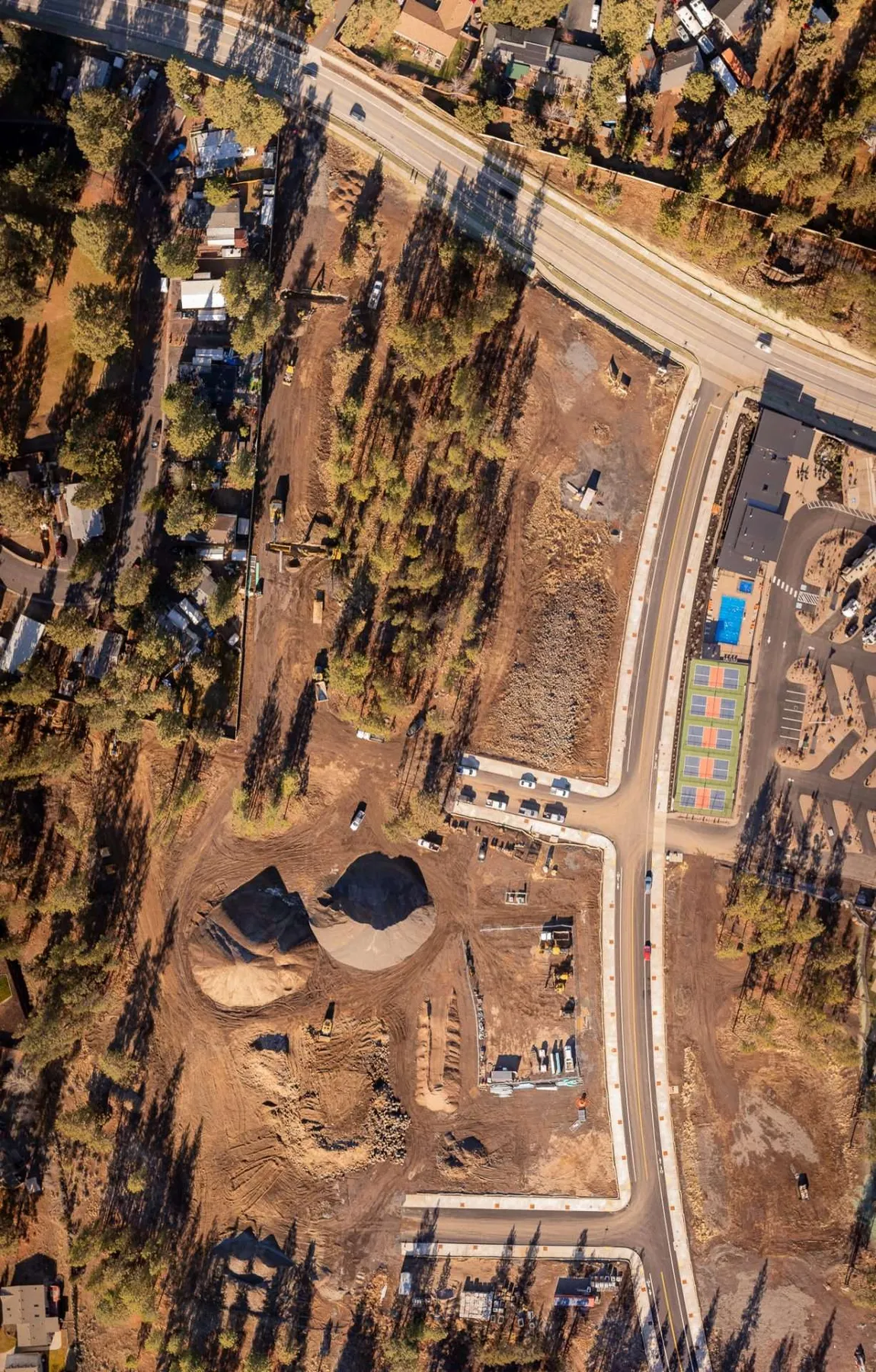 Top-down aerial of an active grading and excavation site
